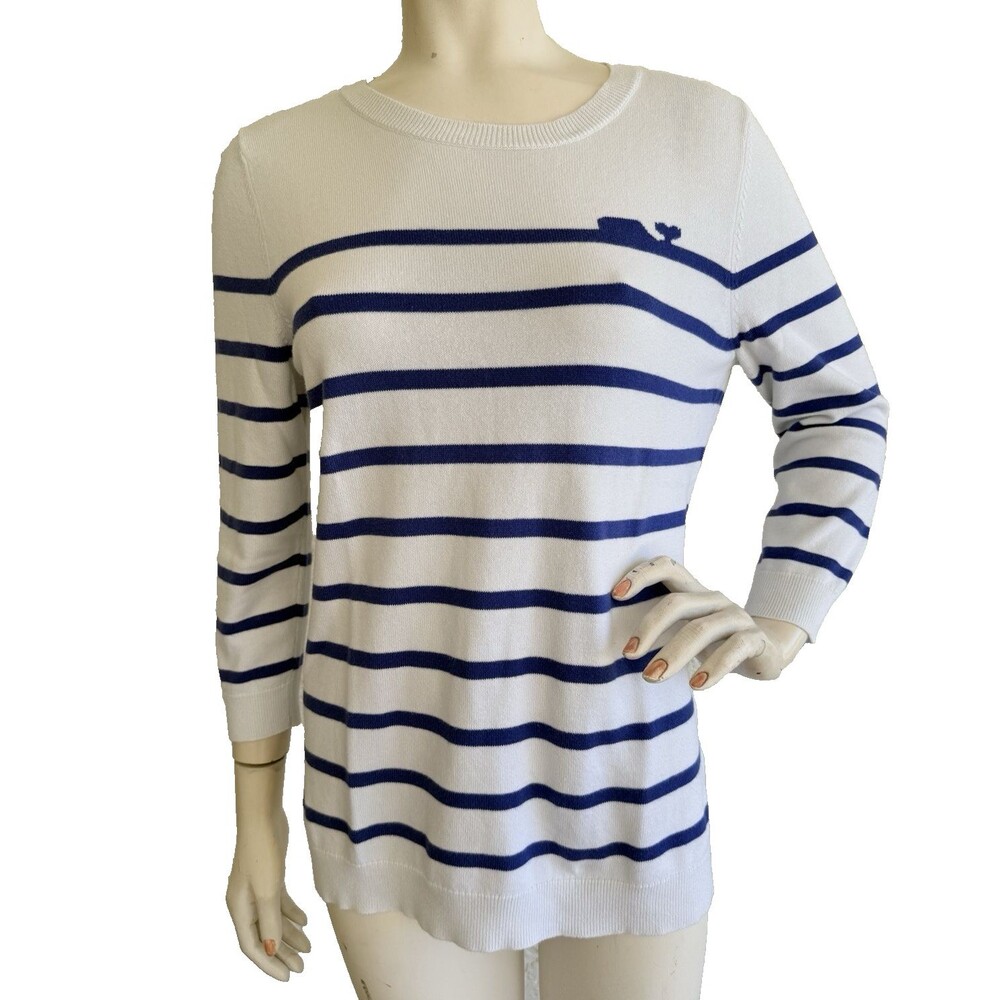 VINEYARD VINES Sweater Blue White Striped Logo 3/4 Sleeve Preppy Nautical Size M